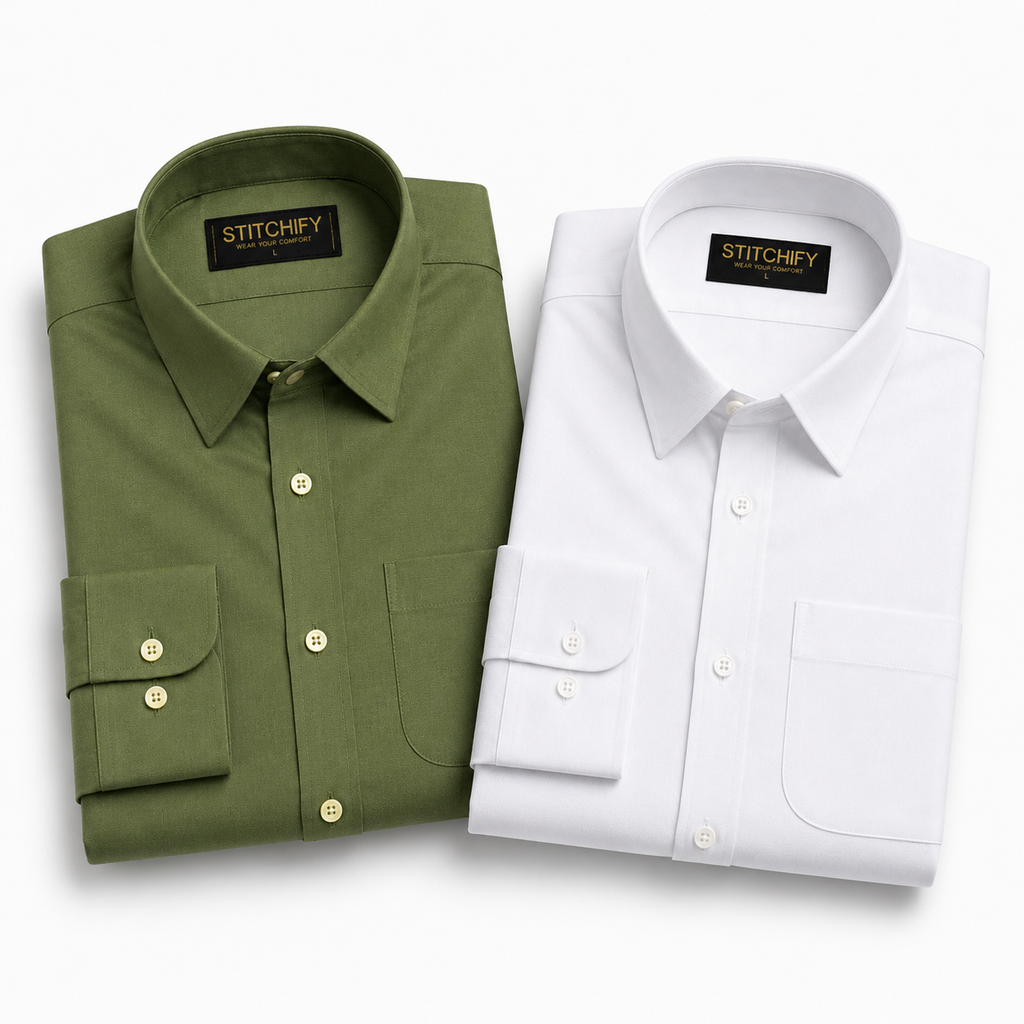 Stitchify Men's Premium Formal Shirt Combo – Set of 2 |Dark Green And White