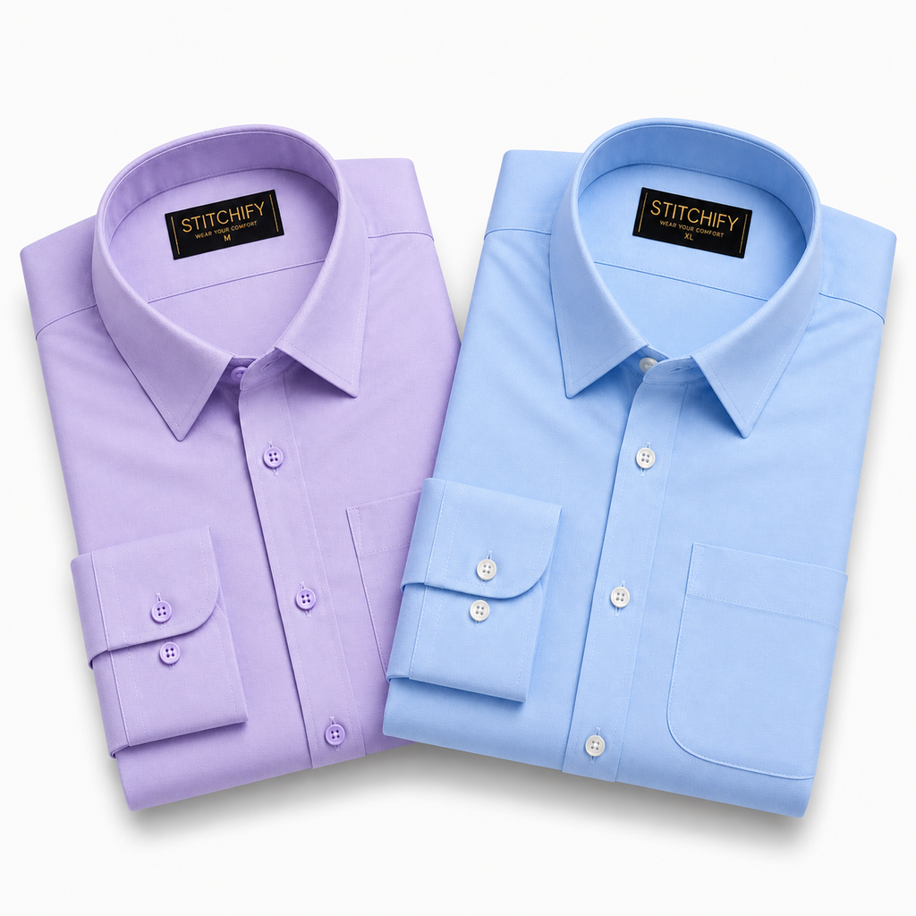 Stitchify Men's Premium Formal Shirt Combo – Set of 2 |Lavender And SKY