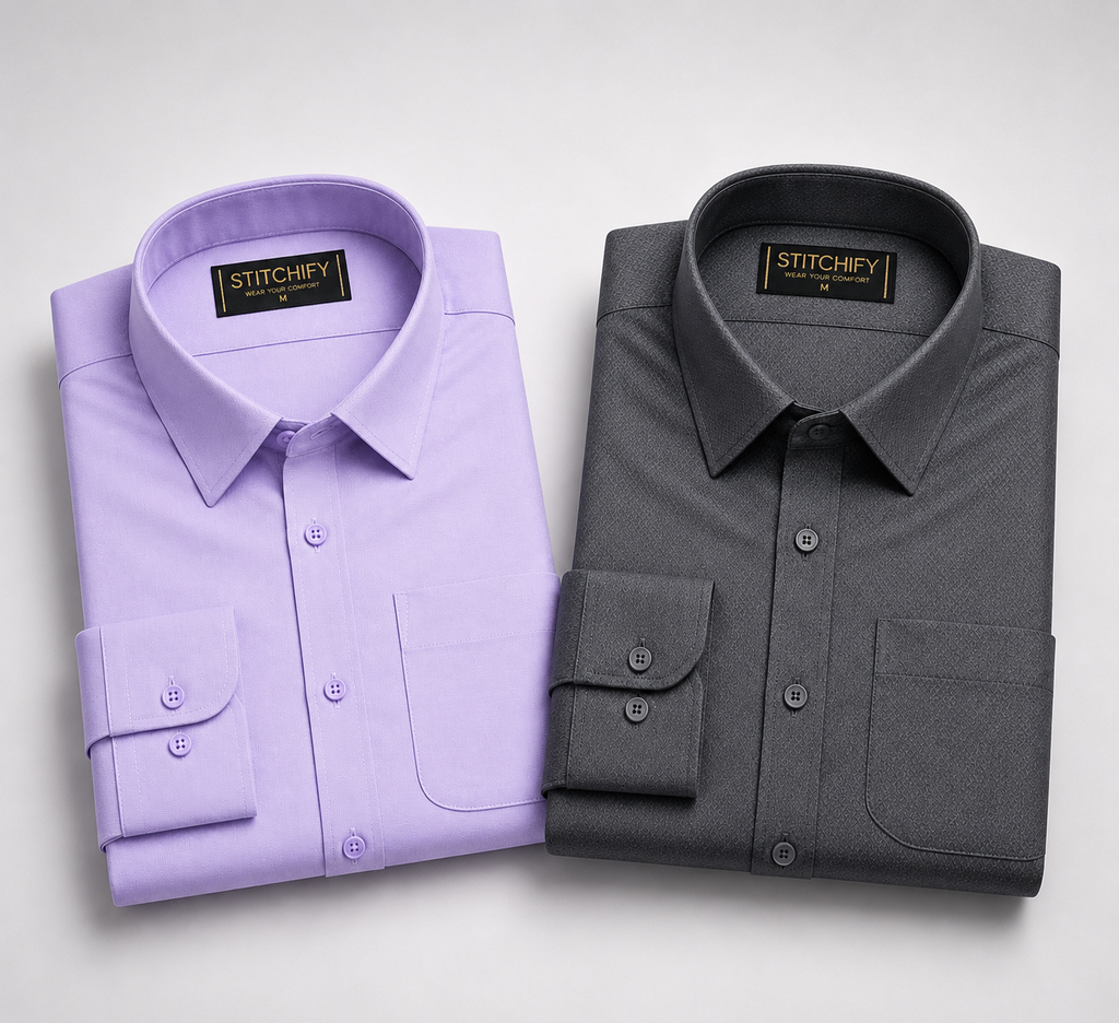 Stitchify Men's Premium Formal Shirt Combo – Set of 2 | Lavender And Dark Grey