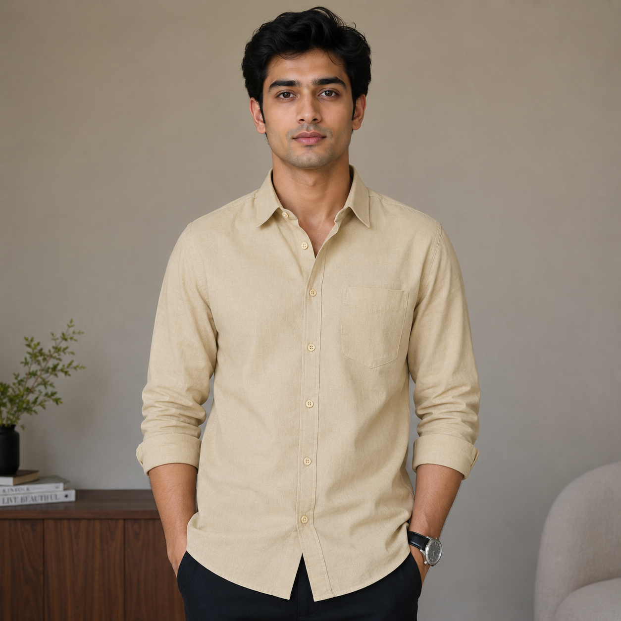 Stitchify Premium Soft Cotton Beige Shirt For Men