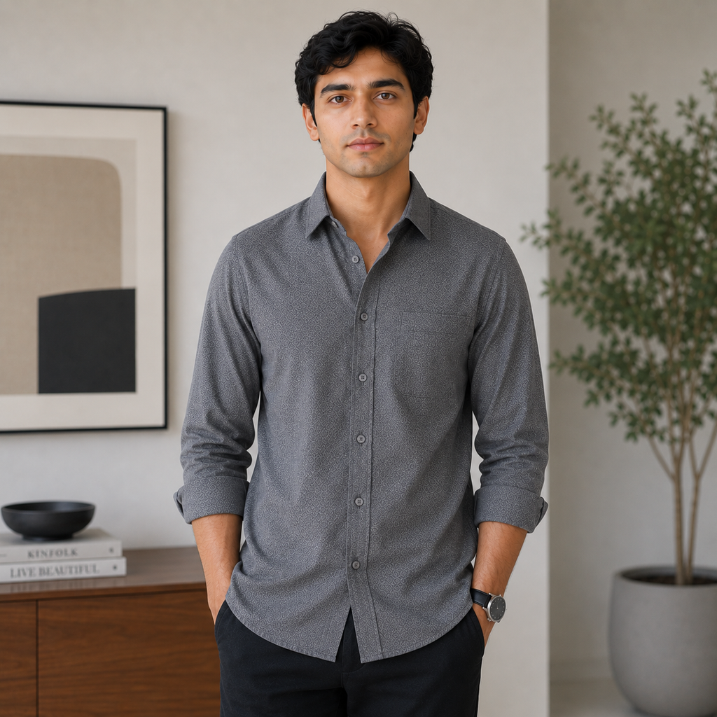 Stitchify Premium Cotton Dark Grey Shirt For Men | Micro Diamond Texture