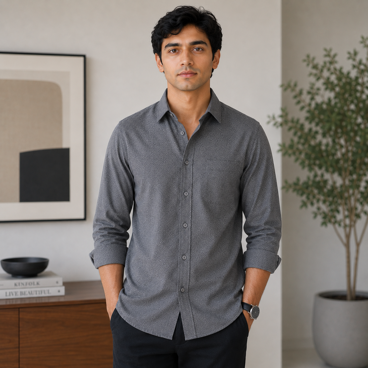 Stitchify Premium Cotton Dark Grey Shirt For Men | Micro Diamond Texture
