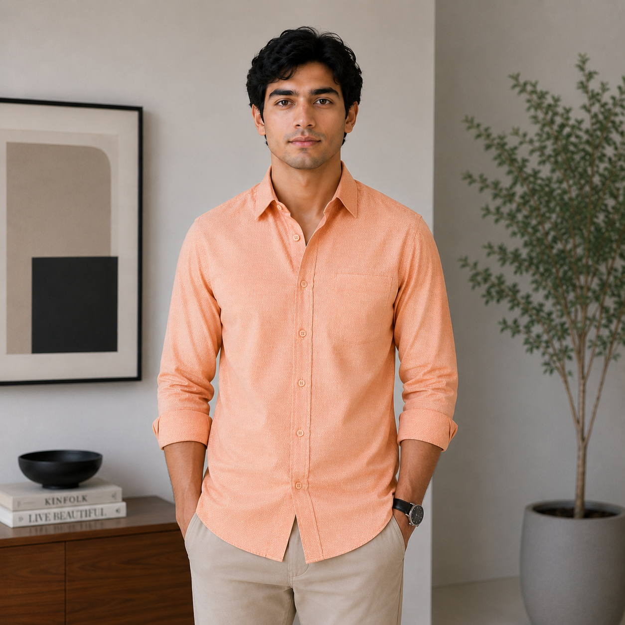 Stitchify Premium Cotton Peach Shirt For Men | Micro Diamond Texture