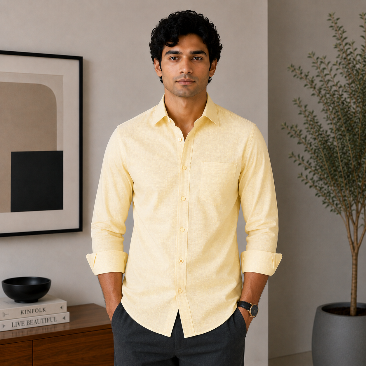 Stitchify Premium Cotton Cream Shirt For Men | Micro Diamond Texture