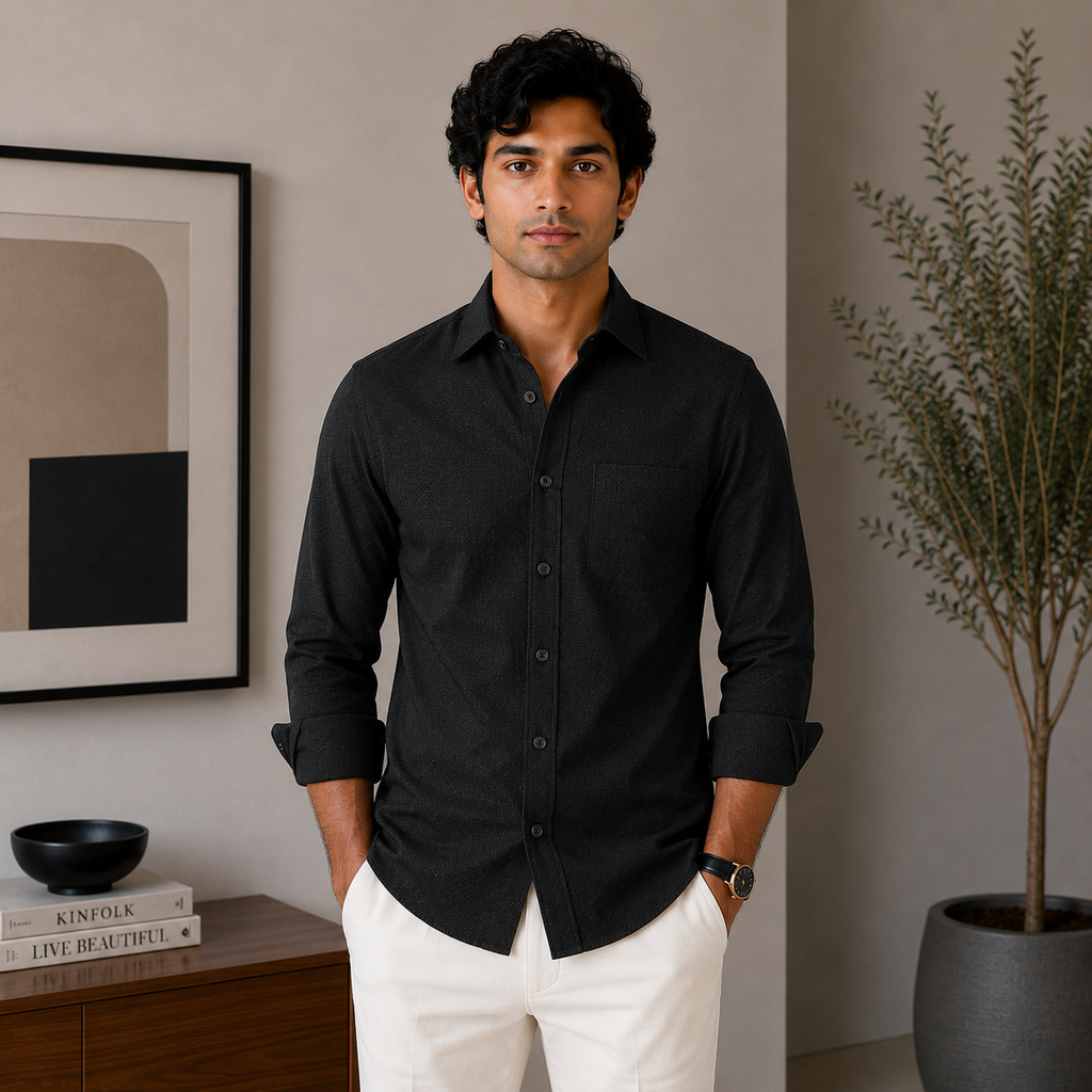 Stitchify Premium Cotton Black Shirt For Men | Micro Diamond Texture