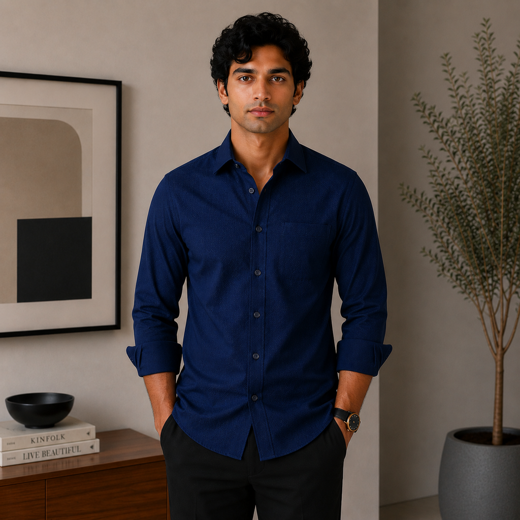 Stitchify Premium Cotton Dark Blue Shirt For Men | Micro Diamond Texture
