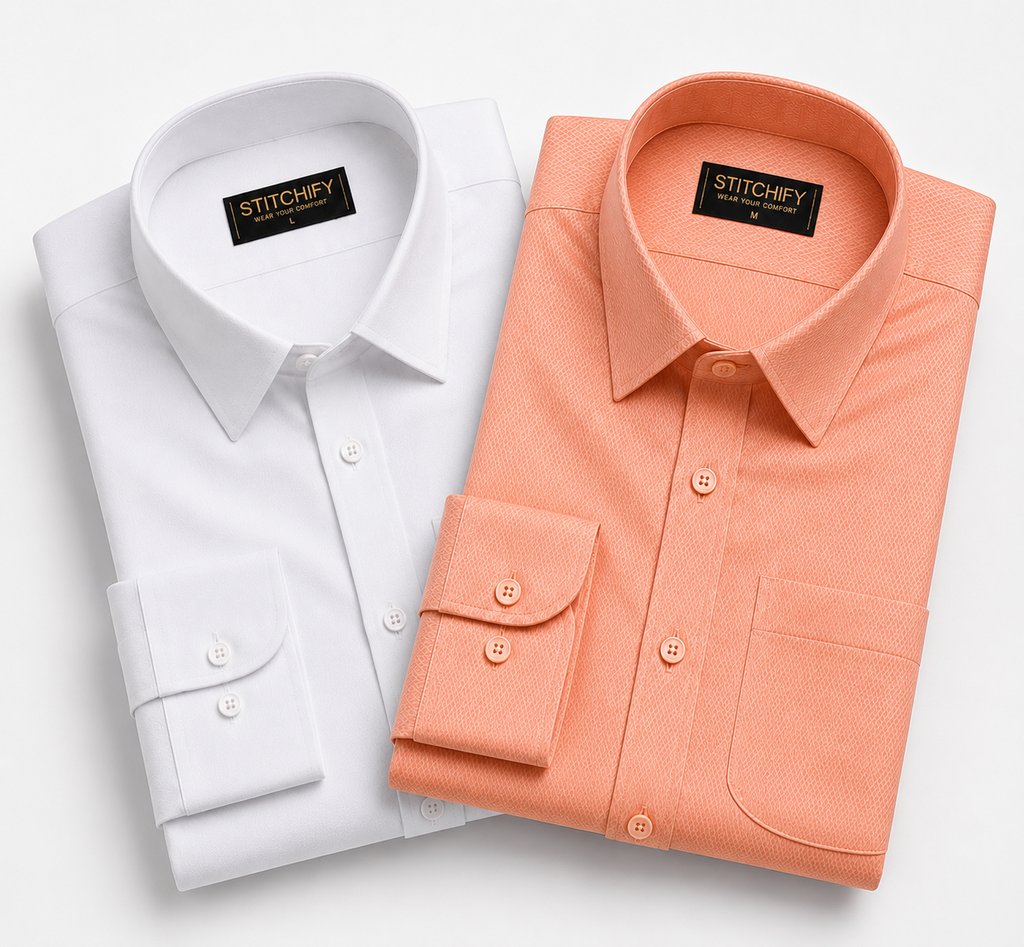 Stitchify Men's Premium Formal Shirt Combo – Set of 2 | White And Peach